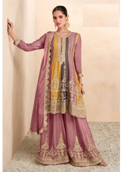 Pink Party Wear Real Chinon Designer Palazzo Suit