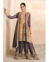 Grey Party Wear Real Chinon Designer Palazzo Suit