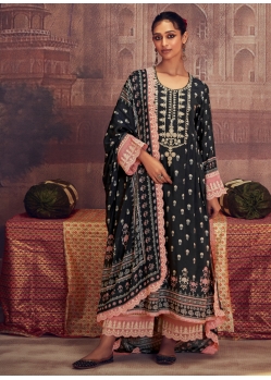 Black Pure Muslin Digital Printed And Embroidered Salwar Suit