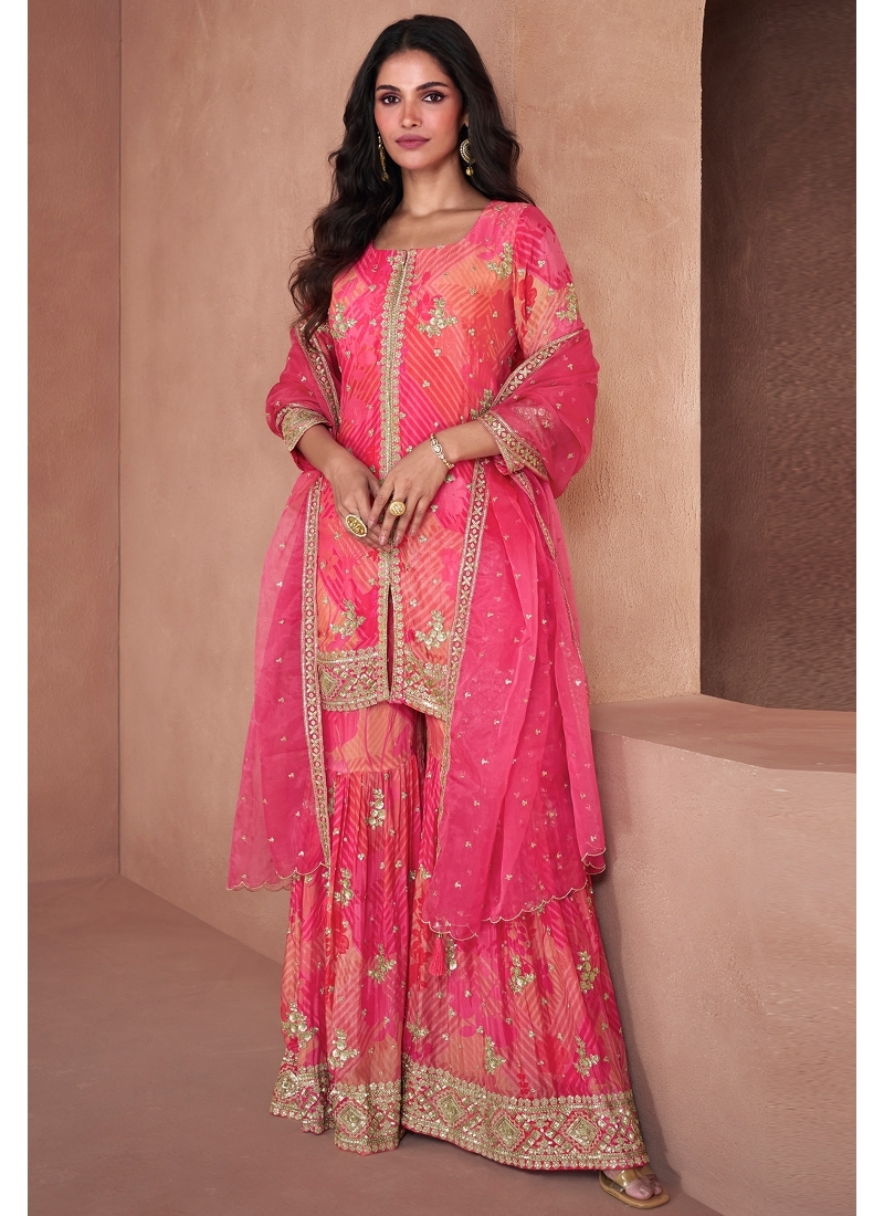 Light Pink Sequins, Thread, Stone and Zardozi work Peplum Style Sharar –  Seasons Chennai