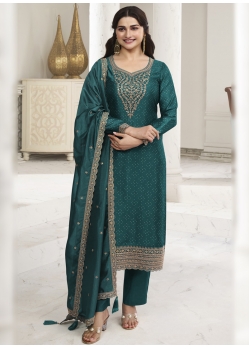 Teal Silk Georgette Embroidered Straight Suit