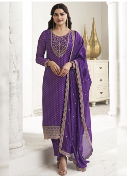 Violet Silk Georgette Embroidered Straight Suit