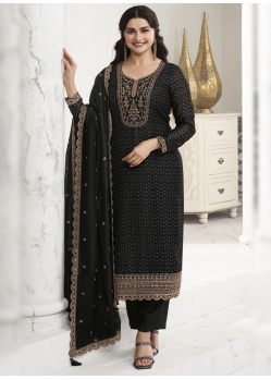 Black Silk Georgette Embroidered Straight Suit