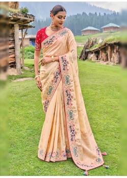 Desirable Cream Heavy Designer Banarasi Silk Saree