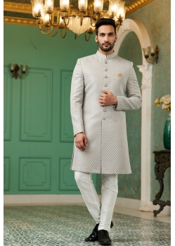 Grey Designer Indo Western Sherwani With Aligadhi Pant