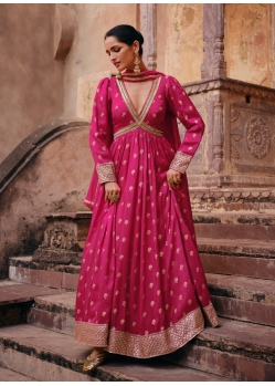 Traditional Rani Pink Pure Viscose Jacquard Silk Embroidered Anarkali Suit