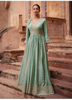Fabulous Sea Green Pure Viscose Jacquard Silk Embroidered Anarkali Suit