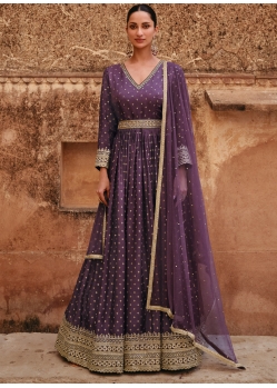 Stylish Purple Pure Viscose Jacquard Silk Embroidered Anarkali Suit
