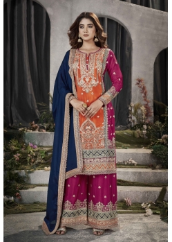 Orange And Pink Designer Pure Chinnon Party Wear Palazzo Suit