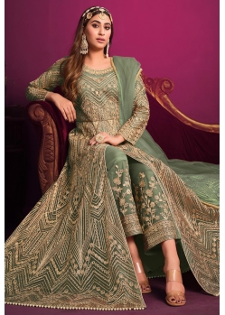 Mehendi Green Designer Embroidered Front Cut Anarkali Suit