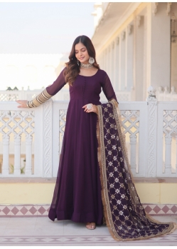 Desirable Deep Wine Readymade Heavy Party Wear Gown With Dupatta