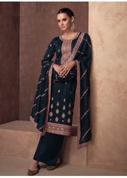 Perfect Navy Blue Party Wear Heavy Silk Straight Suit