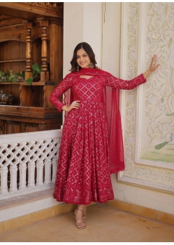 Magnificent Rani Pink Heavy Designer Readymade Gown With Dupatta