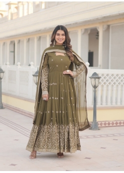 Incredible Mehendi Green Heavy Designer Readymade Gown With Dupatta