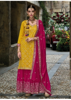 Yellow And Pink Heavy Designer Palazzo Suit