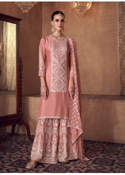 Peach Real Chinon Heavy Party Wear Designer Suit