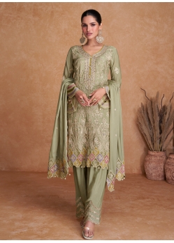 Olive Green Real Chinon Heavy Party Wear Designer Suit