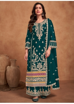 Teal Heavy Chinnon Party Wear Designer Palazzo Suit