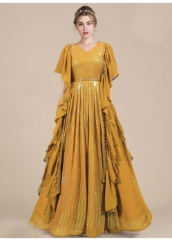 Mustard Party Wear Readymade Heavy Designer Gown