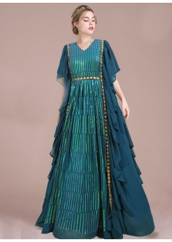 Teal Party Wear Readymade Heavy Designer Gown