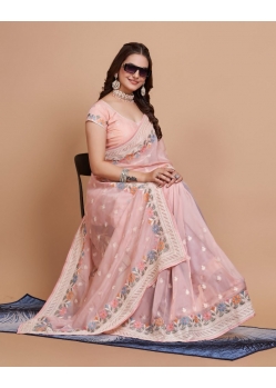 Baby Pink Designer Function Wear Silk Organza Heavy Saree