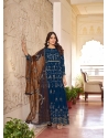 Teal Blue Embroidered Faux Georgette Party Wear Heavy Anarkali Suit