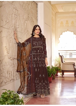 Coffee Brown Embroidered Faux Georgette Party Wear Heavy Anarkali Suit