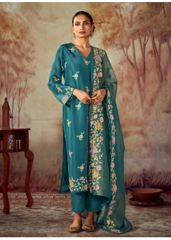 Teal Designer Embroidered Party Wear Straight Suit