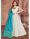 White Silk Embroidered And Print Work Gown For Engagement