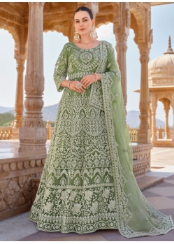 Green Net Salwar Suit With Cord, Embroidered And Stone Work
