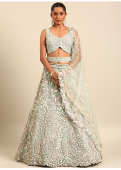 Sea Green Net Cord Embroidered Sequins And Thread Work Lehenga Choli For Ceremonial
