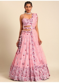 Cord Embroidered Sequins And Thread Work Georgette A - Line Lehenga Choli In Pink