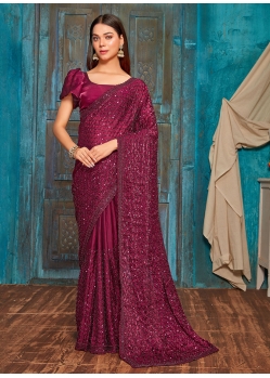 Maroon Beads And Sequins Work Silk Classic Saree