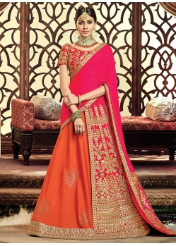 Orange And Pink Raw Silk Trendy Saree With Embroidered And Gota Work For Engagement