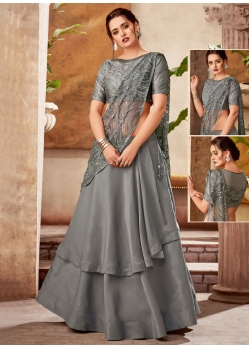 Grey Fancy Fabric Cord Embroidered Sequins And Thread Work Classic Saree For Engagement
