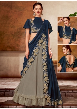 Grey And Blue Georgette Trendy Saree With Embroidered Hand And Thread Work
