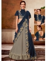 Grey And Blue Georgette Trendy Saree With Embroidered Hand And Thread Work