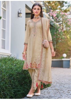 Beige Organza Embroidered, Mirror And Sequins Work Punjabi Suit For Engagement