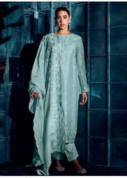 Exceptional Turquoise Silk Salwar Suit With Embroidered And Sequins Work