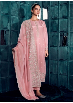 Embroidered And Sequins Work Silk Pakistani Salwar Suit In Pink For Ceremonial