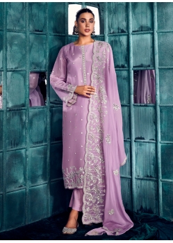 Lavender Silk Salwar Suit With Embroidered And Sequins Work For Ceremonial