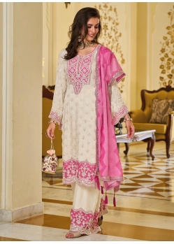 Off White And Pink Chinon Salwar Suit With Embroidered Work For Ceremonial