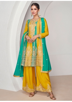 Green And Mustard Chinon Embroidered Work Salwar Suit For Engagement