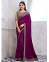 Wine Chiffon Patch Border And Embroidered Work Party Wear Sarees