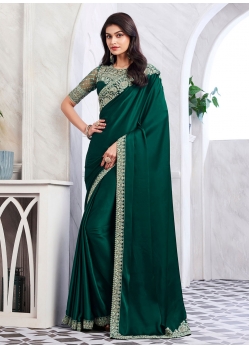 Green Silk Classic Sari With Patch Border And Embroidered Work For Women