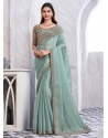Aqua Blue Silk Classic Saree With Patch Border And Embroidered Work For Ceremonial