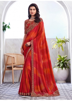 Orange Shimmer Designer Saree With Patch Border And Embroidered Work