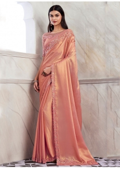Patch Border And Embroidered Work Shimmer Classic Sari In Peach For Ceremonial