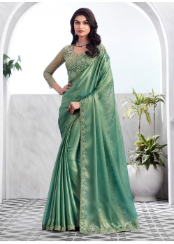 Sea Green Shimmer Patch Border And Embroidered Work Designer Saree For Women