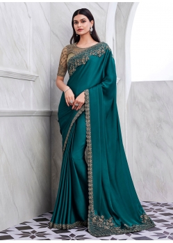 Teal Silk Patch Border And Embroidered Work Contemporary Sari For Ceremonial